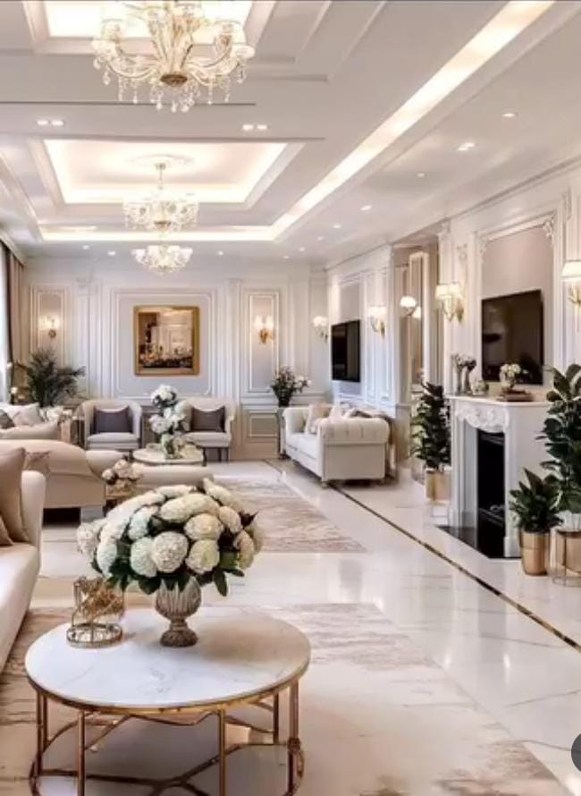 Living luxuoso com mobiliário branco, lustres, decoração com flores e painel de TV